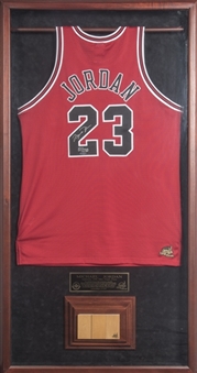 Michael Jordan Signed Chicago Bulls Jersey & Piece of Game Used Floor From 1998 NBA Finals In 31x59 Shadowbox Display - LE 51/230 (UDA)
